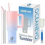 OCEANEVO 1200 ML Stainless Steel Tumbler with Lid and 3 Straws, Double Insulated Cup with Handle Rs. 999 – Amazon