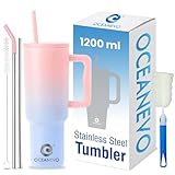 OCEANEVO 1200 ML Stainless Steel Tumbler with Lid and 3 Straws, Double Insulated Cup with Handle Rs. 999 – Amazon