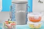 Larah Glassware Vogue Borosilicate Glass Lunchbox with Bag | 3pc Round Container Set (400 ml Each) Rs. 257 – Amazon