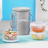 Larah Glassware Vogue Borosilicate Glass Lunchbox with Bag | 3pc Round Container Set (400 ml Each) Rs. 257 – Amazon