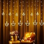 Desidiya Warm White Diya/Diwali Light Curtain, Led String Copper Lights with Pack of 12 Hanging Diyas Rs. 389 – Amazon
