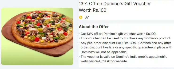 Domino's Gift Voucher Offer on flipkart