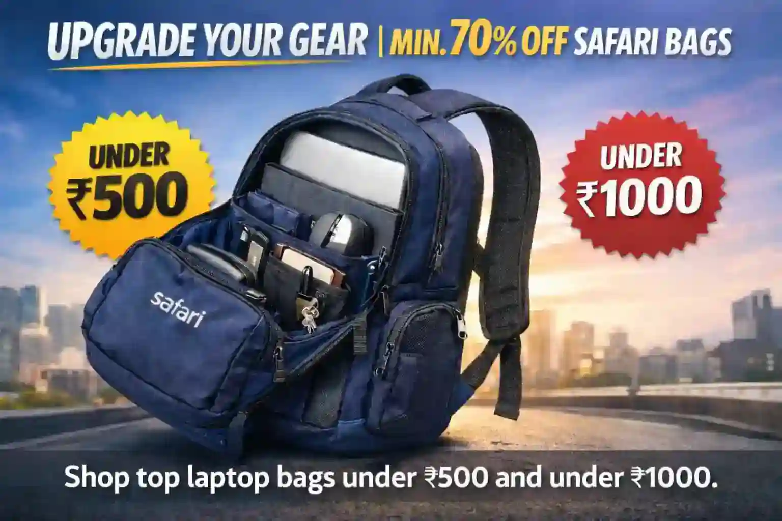 Safari laptop bag offer banner with up to 70% off, showing backpack with compartments and price tags under ₹500 and ₹1000 o