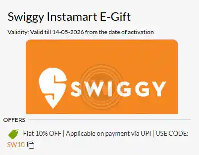 Woohoo – Swiggy Instamart Gift Card at 10% off (Upi offer)