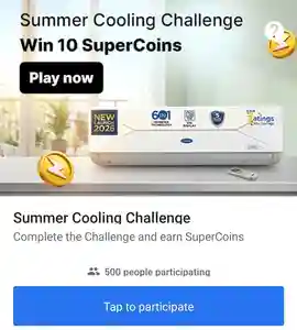 Summer Cooling Challenge banner with air conditioner, win 10 SuperCoins, play now button