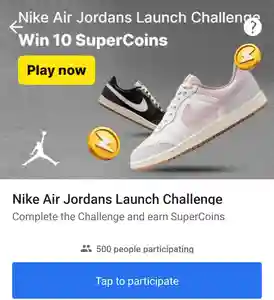 Nike Air Jordans Launch Challenge banner with sneakers, win 10 SuperCoins, play now button