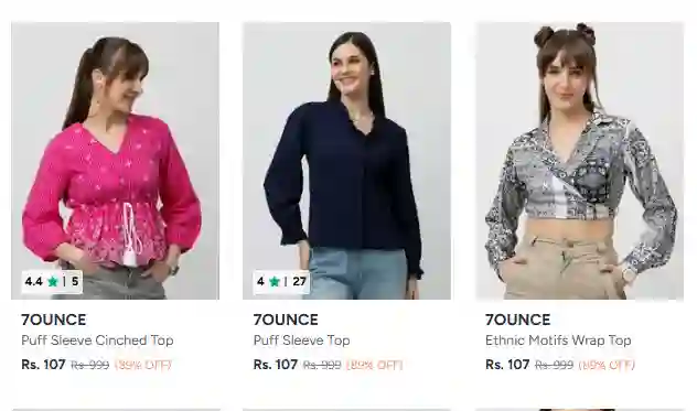 7ounce women’s tops sale – puff sleeve cinched top and ethnic wrap top from ₹107 on Ajio