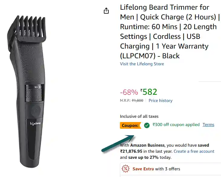 Lifelong Beard Trimmer available with ₹300 coupon on amazon