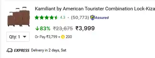 Kamiliant by American Tourister 3-piece luggage set, brown hard shell suitcases with wheels, 83% off deal price ₹3999 on Flipkart