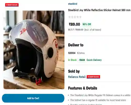Steelbird Joy White Reflective Sticker Helmet 560 mm offer 90% off available
