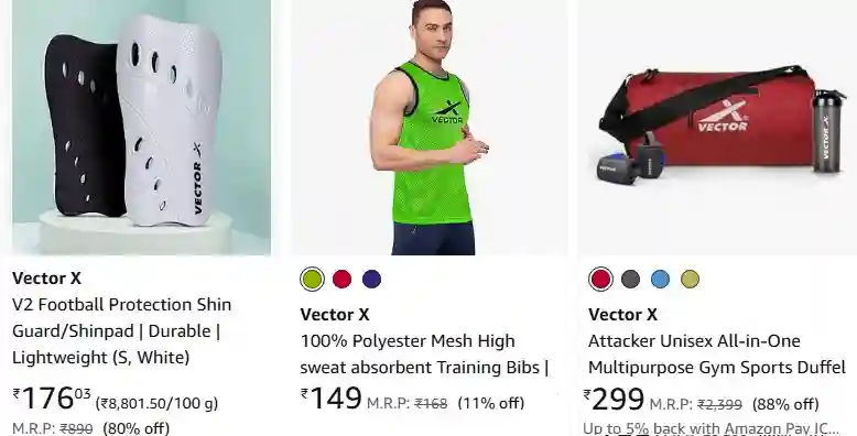 Vector X sports products deal – shin guard, training bib and gym duffel bag with up to 80–90% off prices starting ₹149 to ₹299
