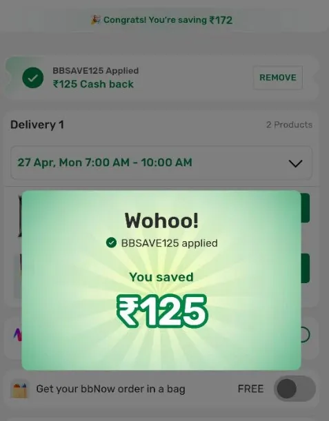 BigBasket BBSAVE125 coupon applied showing ₹125 cashback savings on bbNow order.