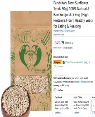 Parshutara Farm sunflower seeds 50g pack high protein healthy snack price offer with discount coupon visible on product page