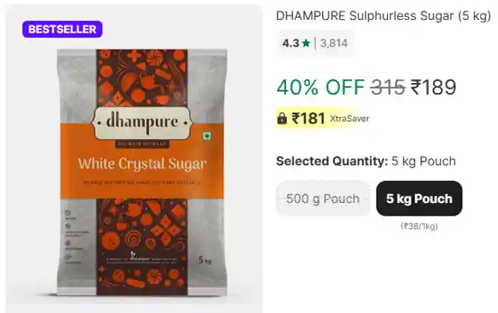 Dhampure sulphurless white crystal sugar 5kg pack with 40 percent discount price ₹189 displayed