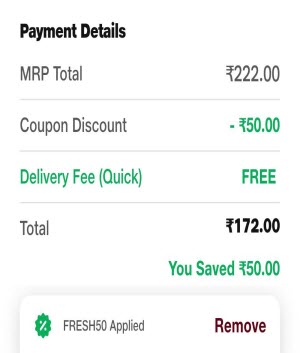 JioMart payment details showing ₹50 coupon discount applied with FREE delivery on jiomart fruits and vegetable delivery. 