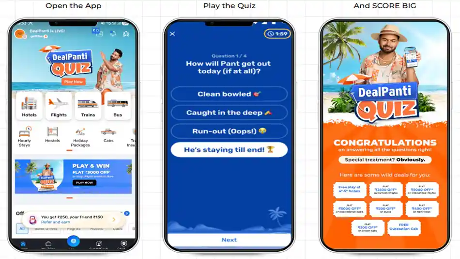 GoIbibo DealPanti Quiz app screens showing quiz question, answers, and winning rewards offers