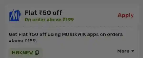 Mobikwik flat ₹50 off coupon on orders above ₹199 with MBKNEW code displayed