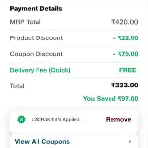Payment details showing ₹420 MRP reduced to ₹323 with ₹22 product discount, ₹75 coupon ( L2I2H3K4I9N ) , free delivery, total savings ₹97