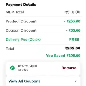 Payment details showing ₹510 MRP reduced to ₹205 with ₹255 product discount, ₹50 coupon (R2A5V1E4H0T), free delivery, total savings ₹305