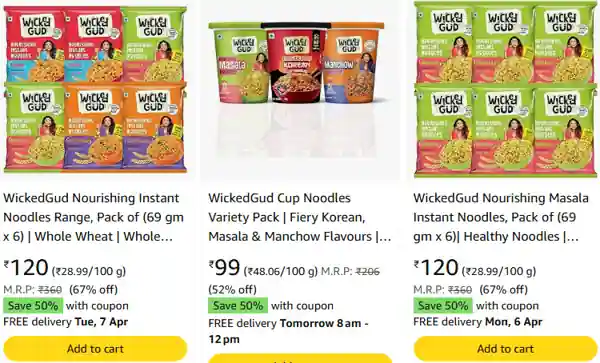 WickedGud instant noodles combo packs with discount price ₹120 and ₹99 and coupon offer details