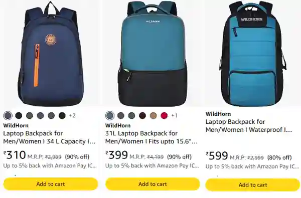 WildHorn 31L laptop backpack deal at ₹310 waterproof 15.6 inch India