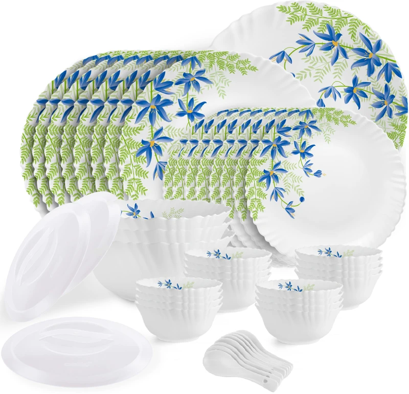 cello Pack of 47 Opalware Dazzle Series Blue Primrose Crockery Set