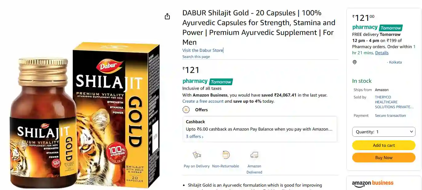 DABUR Shilajit Gold - 20 Capsules ar 76% off at Amazon Pharmacy. 
