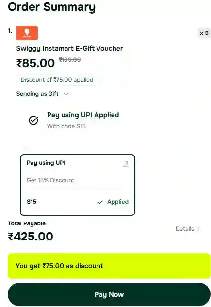 Swiggy Instamart gift card at 15 off using code S15 up to ₹75. Pay via UPI,