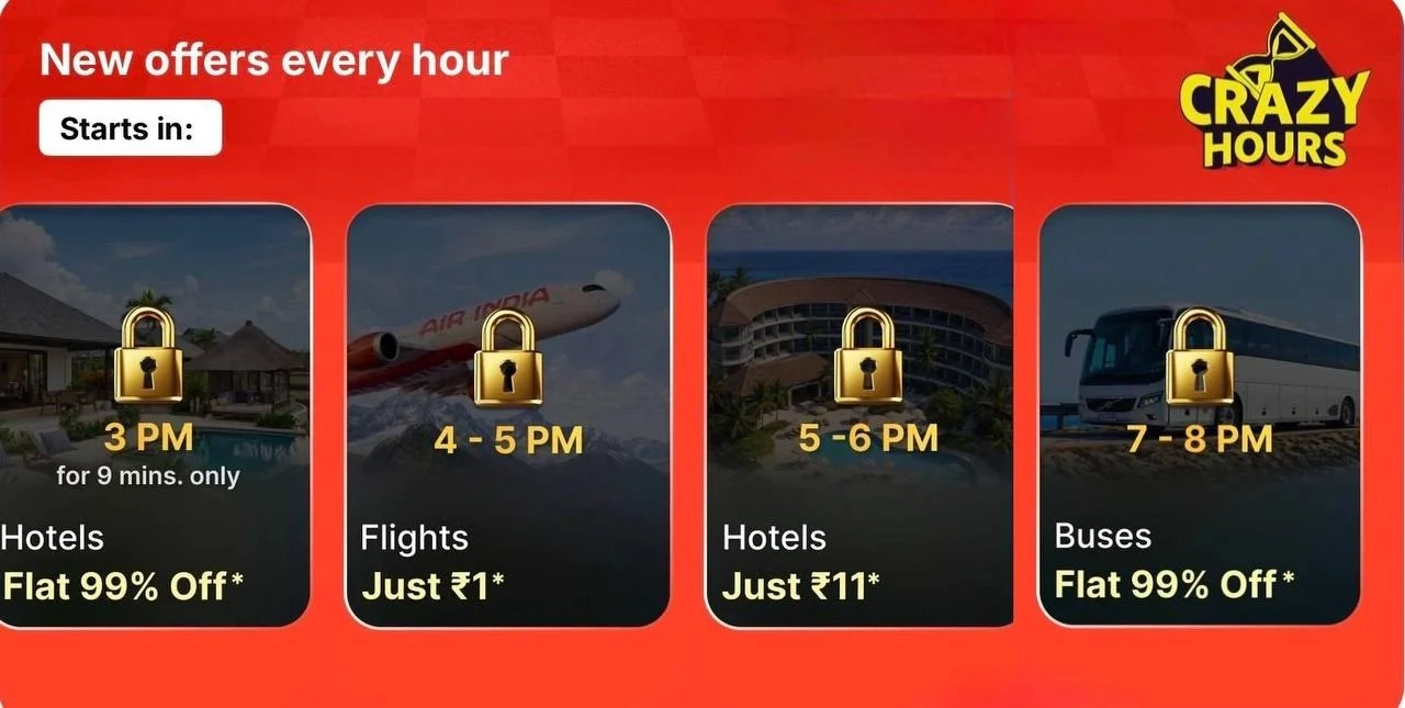 Flipkart Crazy Hours flight and hotel deals starting at ₹1 with 99% discount offers for Indian shoppers.