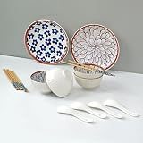 Solimo Ceramic Bowl with Plate & Spoon & Chopstick Set, Set of 14 pcs set