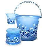 RATAN PLASTICWARE Plastic Bathroom Set of 3 Combo with (20L Bucket X 1/1.5L Mug X 1 / Nova Patla Stool 107 X 1) Bath Set for Home, Kitchen- Frosty Bubble Print -Blue
