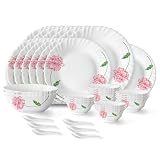 Larah by Borosil Red Mist Fluted Series Opalware Dinner Set | 33 Pieces