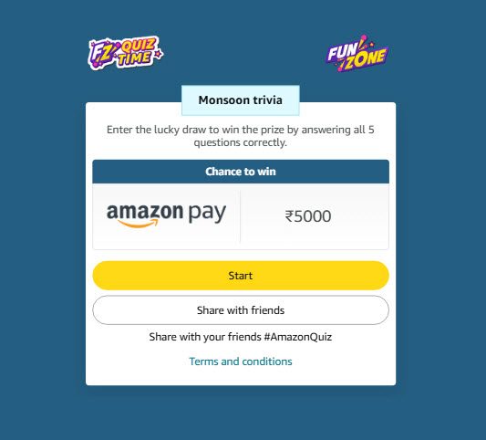 Amazon Funzone Trivia Quiz Answers Today : Win ₹5000 Amazon pay balance